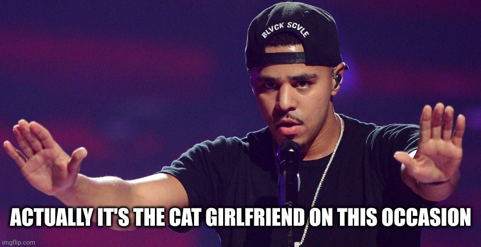 J COLE HOLD UP | ACTUALLY IT'S THE CAT GIRLFRIEND ON THIS OCCASION | image tagged in j cole hold up | made w/ Imgflip meme maker