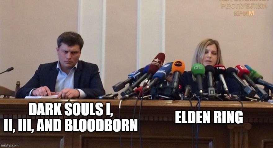 Wish it ain't true | ELDEN RING; DARK SOULS I, II, III, AND BLOODBORN | image tagged in man and woman microphone,soulsborn | made w/ Imgflip meme maker