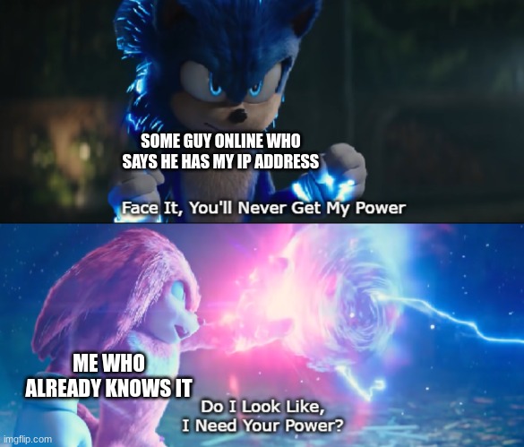 Do I Look Like I Need Your Power Meme | SOME GUY ONLINE WHO SAYS HE HAS MY IP ADDRESS; ME WHO ALREADY KNOWS IT | image tagged in do i look like i need your power meme | made w/ Imgflip meme maker