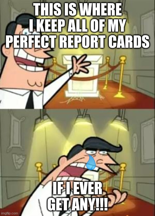 Sad | THIS IS WHERE I KEEP ALL OF MY PERFECT REPORT CARDS; IF I EVER GET ANY!!! | image tagged in memes,this is where i'd put my trophy if i had one | made w/ Imgflip meme maker