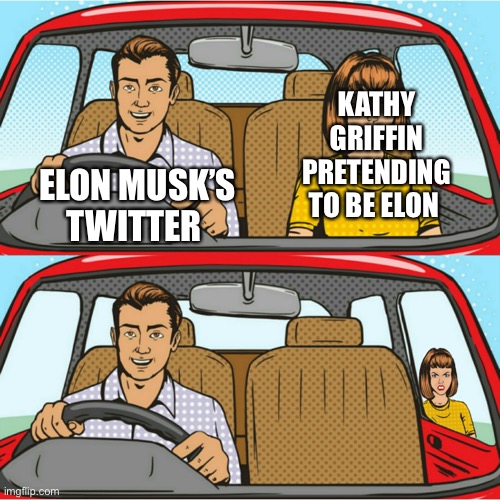 Twitter | KATHY GRIFFIN PRETENDING TO BE ELON; ELON MUSK’S TWITTER | image tagged in kicked out of car,elon musk,kathy griffin | made w/ Imgflip meme maker