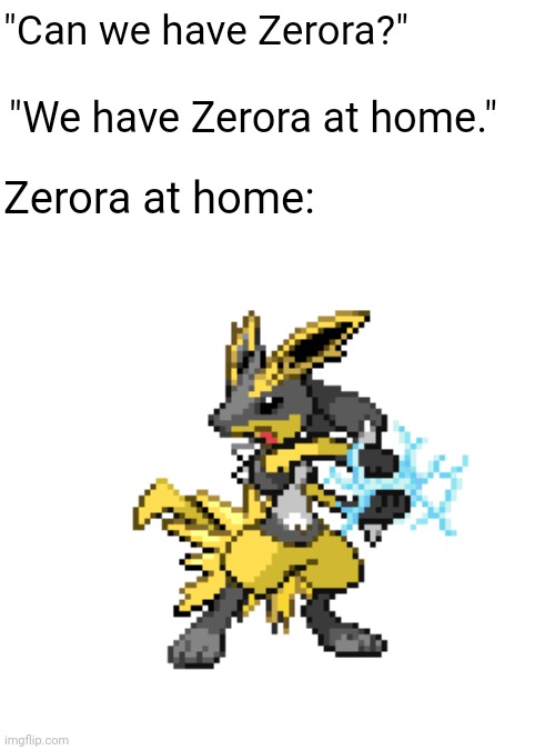 Zerora at home | "Can we have Zerora?"; "We have Zerora at home."; Zerora at home: | image tagged in joltcario,pokemon,gaming,mom can we have,at home | made w/ Imgflip meme maker