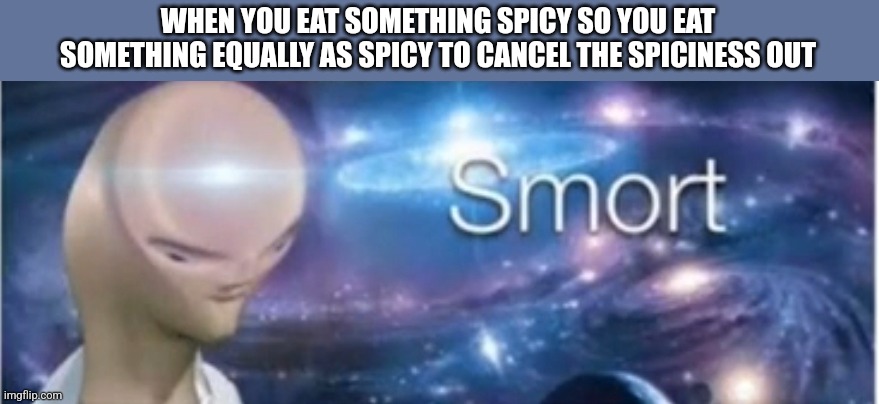 Smort | WHEN YOU EAT SOMETHING SPICY SO YOU EAT SOMETHING EQUALLY AS SPICY TO CANCEL THE SPICINESS OUT | image tagged in meme man smort | made w/ Imgflip meme maker