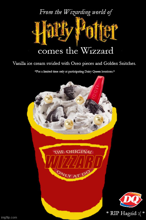Ya'll think I can pitch this to Dairy Queen? | From the Wizarding world of; comes the Wizzard; Vanilla ice cream swirled with Oreo pieces and Golden Snitches. *For a limited time only at participating Dairy Queen locations.*; WIZZARD; * RIP Hagrid :( * | image tagged in blizzard,harry potter,dairy queen,rip hagrid,wizzard pitch,yer a wizard harry | made w/ Imgflip meme maker