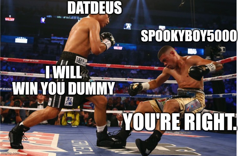 Boxing match | DATDEUS I WILL WIN YOU DUMMY YOU'RE RIGHT. SPOOKYBOY5000 | image tagged in boxing match | made w/ Imgflip meme maker