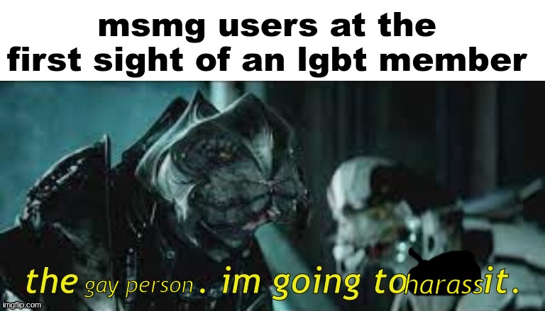 no idea what to put in my own template :skull: | msmg users at the first sight of an lgbt member; harass; gay person | image tagged in the blank im going to cut it | made w/ Imgflip meme maker