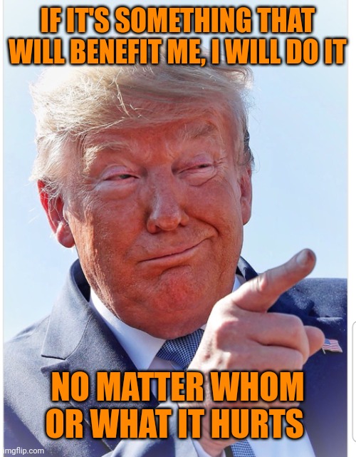 Trump pointing | IF IT'S SOMETHING THAT WILL BENEFIT ME, I WILL DO IT NO MATTER WHOM OR WHAT IT HURTS | image tagged in trump pointing | made w/ Imgflip meme maker