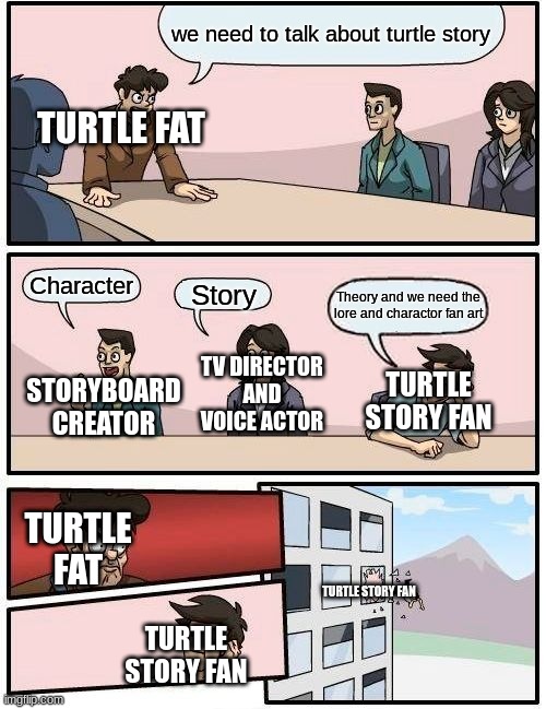 Boardroom Meeting Suggestion | we need to talk about turtle story; TURTLE FAT; Character; Story; Theory and we need the lore and charactor fan art; STORYBOARD CREATOR; TV DIRECTOR AND VOICE ACTOR; TURTLE STORY FAN; TURTLE FAT; TURTLE STORY FAN; TURTLE STORY FAN | image tagged in memes,boardroom meeting suggestion | made w/ Imgflip meme maker