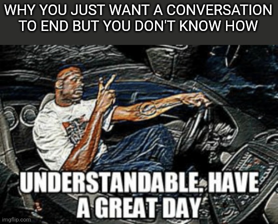 Understandable have a great day | WHY YOU JUST WANT A CONVERSATION TO END BUT YOU DON'T KNOW HOW | image tagged in understandable have a great day | made w/ Imgflip meme maker