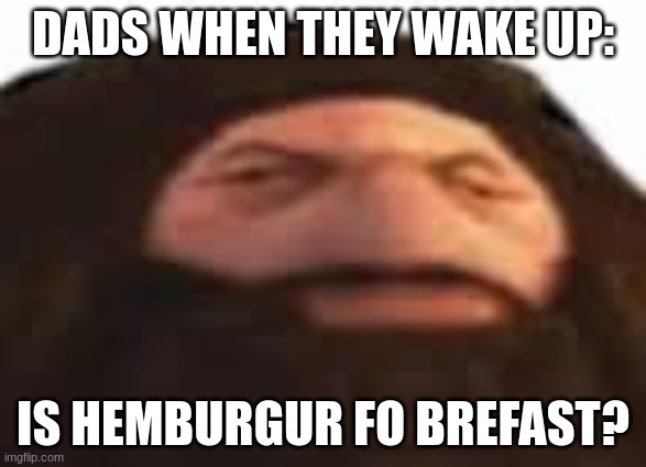 dads be like... | DADS WHEN THEY WAKE UP:; IS HEMBURGUR FO BREFAST? | image tagged in poly hagrid | made w/ Imgflip meme maker