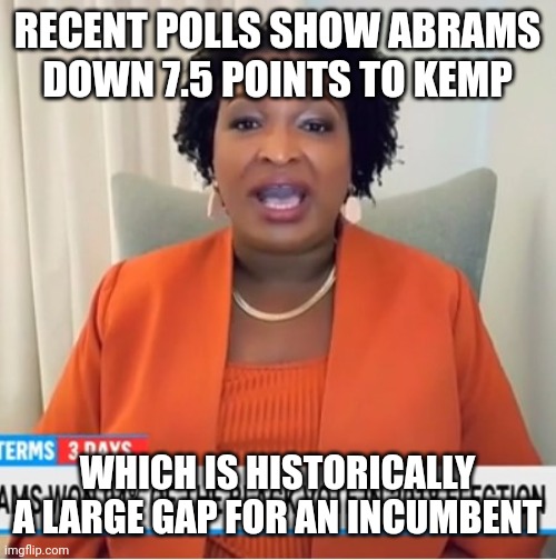 RECENT POLLS SHOW ABRAMS DOWN 7.5 POINTS TO KEMP; WHICH IS HISTORICALLY A LARGE GAP FOR AN INCUMBENT | made w/ Imgflip meme maker