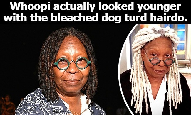 Whoopi actually looked younger with the bleached dog turd hairdo. | image tagged in whoopi goldberg,dog turd hair style,turd,shit for brains,dog shit,dog poop | made w/ Imgflip meme maker