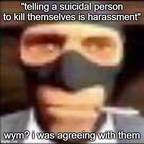 spi | "telling a suicidal person to kill themselves is harassment"; wym? i was agreeing with them | image tagged in spi | made w/ Imgflip meme maker