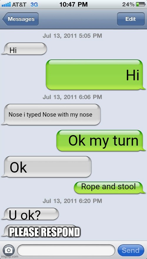 Uh Oh | Hi; Hi; Nose i typed Nose with my nose; Ok my turn; Ok; Rope and stool; U ok? PLEASE RESPOND | image tagged in texting messages blank | made w/ Imgflip meme maker
