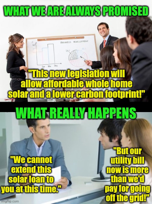 Many of you are too young to know how this works. But having access to something means nothing if the banks won't loan! | WHAT WE ARE ALWAYS PROMISED; "This new legislation will allow affordable whole home solar and a lower carbon footprint!"; WHAT REALLY HAPPENS; "We cannot extend this solar loan to you at this time."; "But our utility bill now is more than we'd pay for going off the grid!" | image tagged in business presentation,applying for a bank loan,solar power,expectation vs reality,money | made w/ Imgflip meme maker