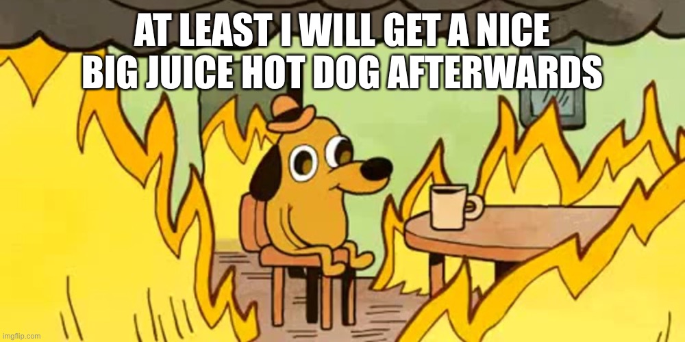 Dog on fire |  AT LEAST I WILL GET A NICE BIG JUICE HOT DOG AFTERWARDS | image tagged in dog on fire,fire,hot dog,hot dogs | made w/ Imgflip meme maker