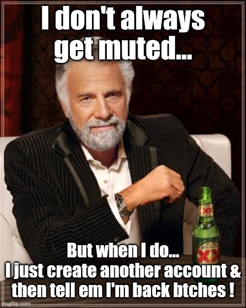 Getting muted. | I don't always get muted... But when I do...
I just create another account & then tell em I'm back btches ! | image tagged in memes,the most interesting man in the world | made w/ Imgflip meme maker