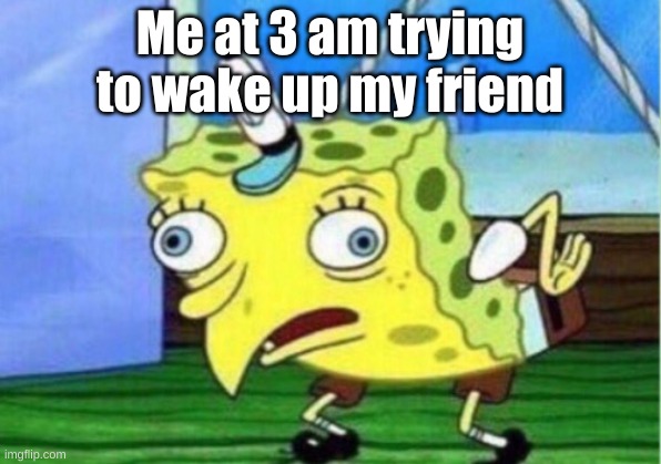 Mocking Spongebob | Me at 3 am trying to wake up my friend | image tagged in memes,mocking spongebob | made w/ Imgflip meme maker