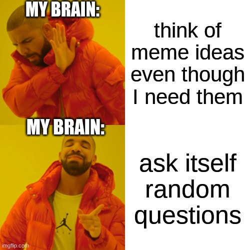 insert pun here | MY BRAIN:; think of meme ideas even though I need them; MY BRAIN:; ask itself random questions | image tagged in memes,drake hotline bling | made w/ Imgflip meme maker