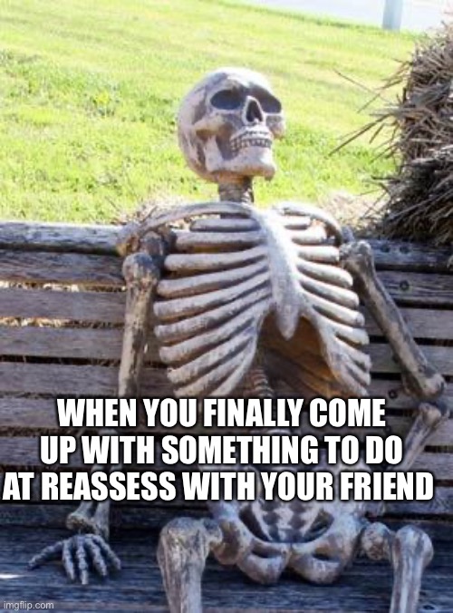 Waiting Skeleton | WHEN YOU FINALLY COME UP WITH SOMETHING TO DO AT REASSESS WITH YOUR FRIEND | image tagged in memes,waiting skeleton | made w/ Imgflip meme maker