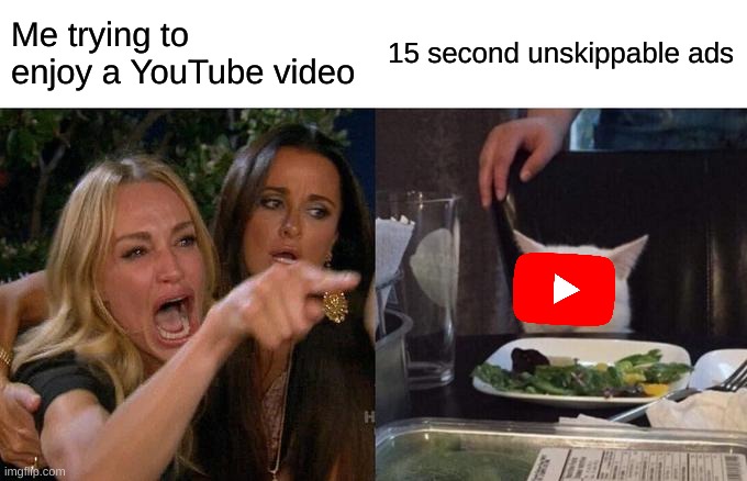 *intelligible muttering* | Me trying to enjoy a YouTube video; 15 second unskippable ads | image tagged in memes,woman yelling at cat | made w/ Imgflip meme maker