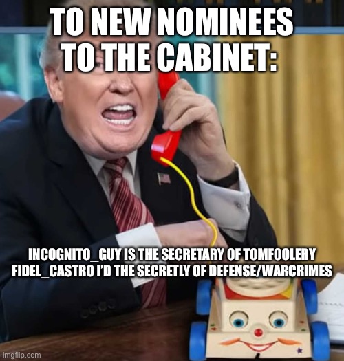 Very cool guys | TO NEW NOMINEES TO THE CABINET:; INCOGNITO_GUY IS THE SECRETARY OF TOMFOOLERY 

FIDEL_CASTRO I’D THE SECRETLY OF DEFENSE/WARCRIMES | made w/ Imgflip meme maker