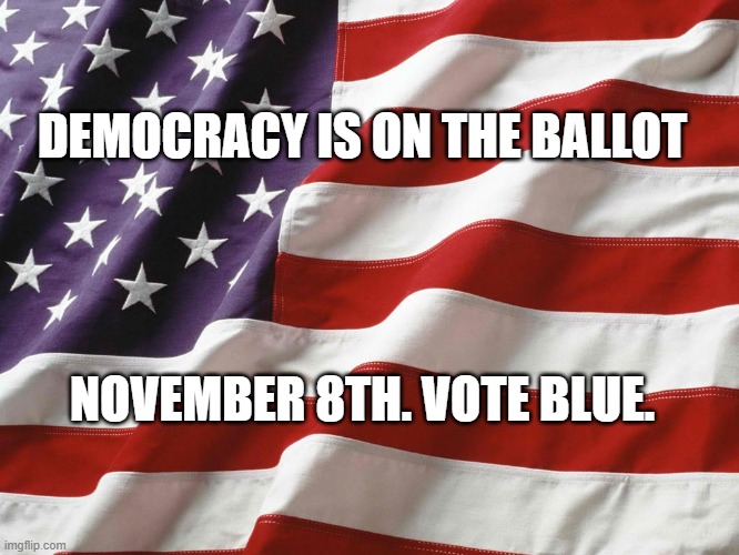 Democracy is on the Ballot | DEMOCRACY IS ON THE BALLOT; NOVEMBER 8TH. VOTE BLUE. | image tagged in american flag | made w/ Imgflip meme maker