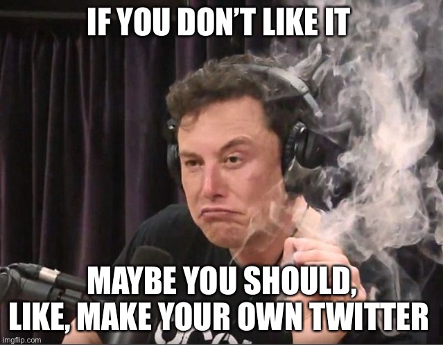 Elon Musk smoking a joint | IF YOU DON’T LIKE IT MAYBE YOU SHOULD, LIKE, MAKE YOUR OWN TWITTER | image tagged in elon musk smoking a joint | made w/ Imgflip meme maker