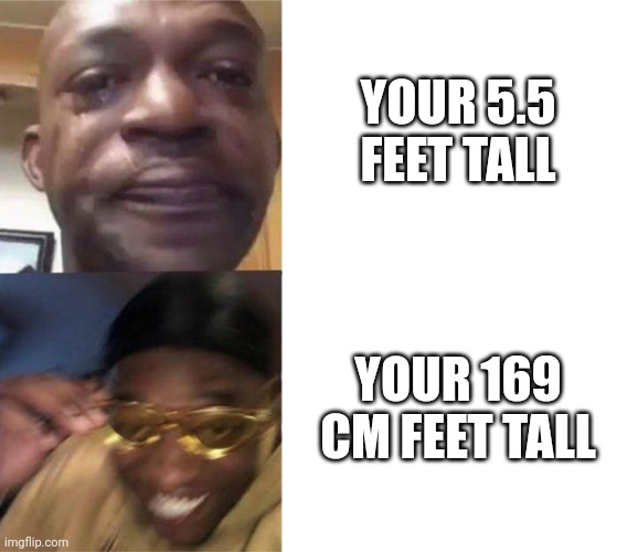 Nice | YOUR 5.5 FEET TALL; YOUR 169 CM FEET TALL | image tagged in black guy crying and black guy laughing,memes,69,nice | made w/ Imgflip meme maker
