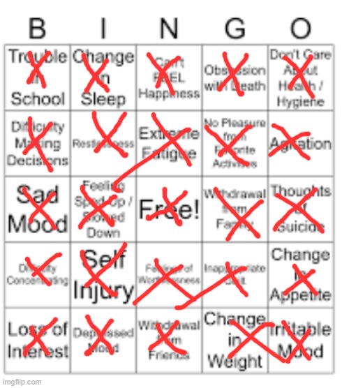 Depression Bingo | image tagged in depression bingo | made w/ Imgflip meme maker