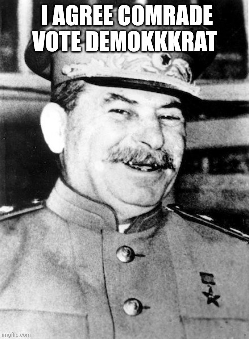 Stalin smile | I AGREE COMRADE VOTE DEMOKKKRAT | image tagged in stalin smile | made w/ Imgflip meme maker