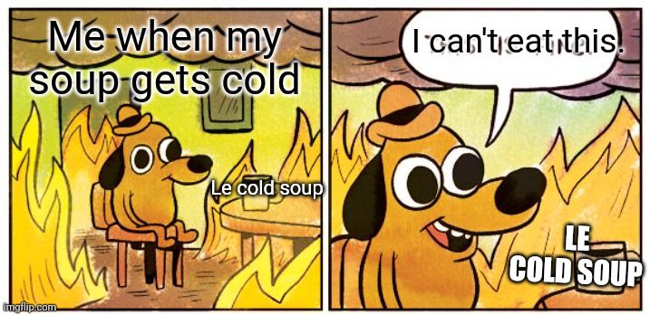 Admit it, nobody likes cold soup | I can't eat this. Me when my soup gets cold; Le cold soup; LE COLD SOUP | image tagged in memes,this is fine | made w/ Imgflip meme maker