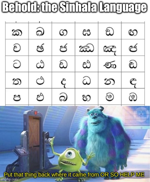 Very sus | Behold: the Sinhala Language | image tagged in put that thing back where it came from or so help me w/text,sus | made w/ Imgflip meme maker