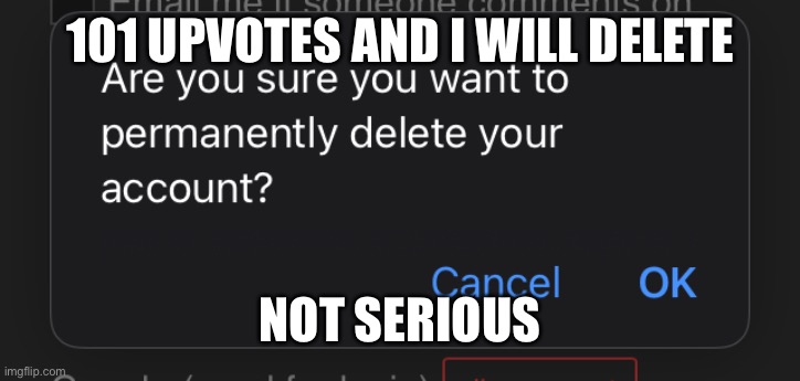 /j about the not serious | 101 UPVOTES AND I WILL DELETE; NOT SERIOUS | image tagged in never | made w/ Imgflip meme maker