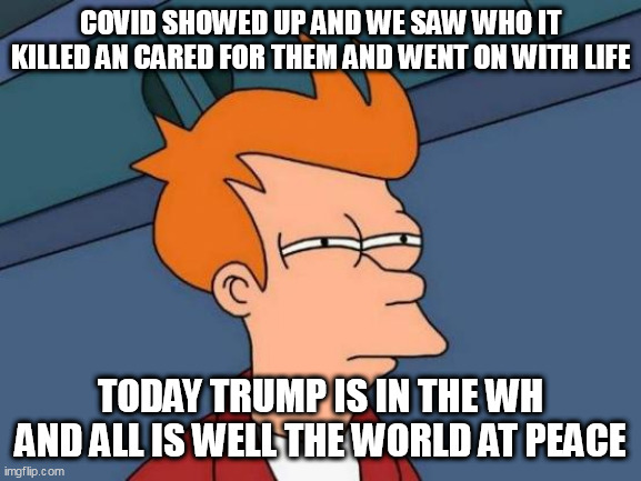 Futurama Fry Meme | COVID SHOWED UP AND WE SAW WHO IT KILLED AN CARED FOR THEM AND WENT ON WITH LIFE; TODAY TRUMP IS IN THE WH AND ALL IS WELL THE WORLD AT PEACE | image tagged in memes,futurama fry | made w/ Imgflip meme maker