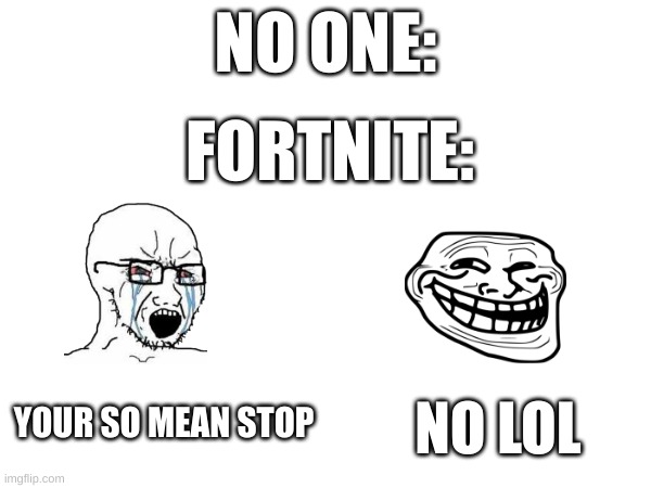 Fortnite be like | NO ONE:; FORTNITE:; YOUR SO MEAN STOP; NO LOL | image tagged in memes | made w/ Imgflip meme maker