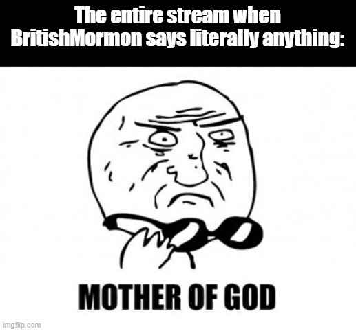 See how I can spell his name right? | The entire stream when BritishMormon says literally anything: | image tagged in memes,mother of god | made w/ Imgflip meme maker