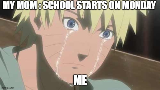 WHY | MY MOM : SCHOOL STARTS ON MONDAY; ME | image tagged in naruto struggle | made w/ Imgflip meme maker