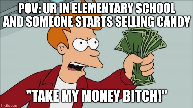 Shut Up And Take My Money Fry Meme | POV: UR IN ELEMENTARY SCHOOL AND SOMEONE STARTS SELLING CANDY; "TAKE MY MONEY BITCH!" | image tagged in memes,shut up and take my money fry | made w/ Imgflip meme maker