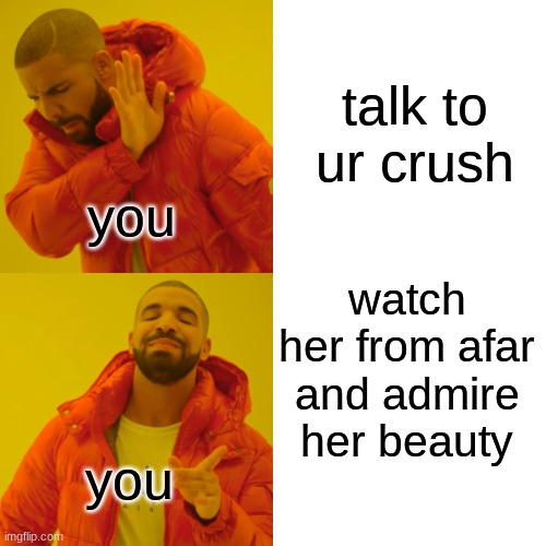 Drake Hotline Bling Meme | talk to ur crush; you; watch her from afar and admire her beauty; you | image tagged in memes,drake hotline bling | made w/ Imgflip meme maker