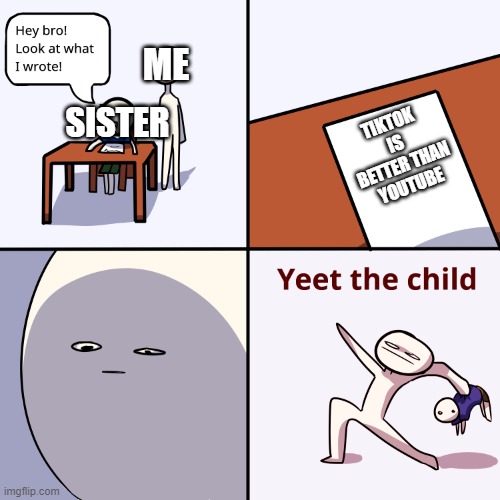 Yeet the child | ME; SISTER; TIKTOK IS BETTER THAN YOUTUBE | image tagged in yeet the child,tiktok,youtube | made w/ Imgflip meme maker