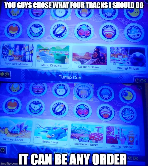 I'm playing my favorite game :) | YOU GUYS CHOSE WHAT FOUR TRACKS I SHOULD DO; IT CAN BE ANY ORDER | made w/ Imgflip meme maker