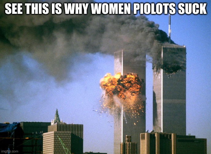 I kinda got this from Family Guy | SEE THIS IS WHY WOMEN PILOTS SUCK | image tagged in 911 9/11 twin towers impact | made w/ Imgflip meme maker