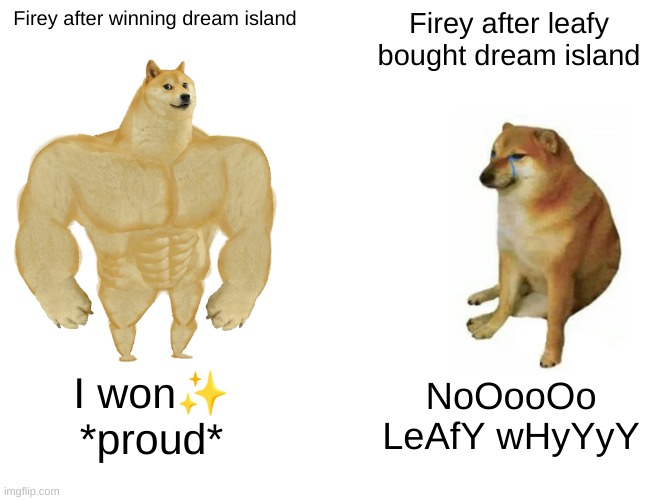 BFDI firey | Firey after winning dream island; Firey after leafy bought dream island; I won✨
*proud*; NoOooOo
LeAfY wHyYyY | image tagged in memes,buff doge vs cheems | made w/ Imgflip meme maker