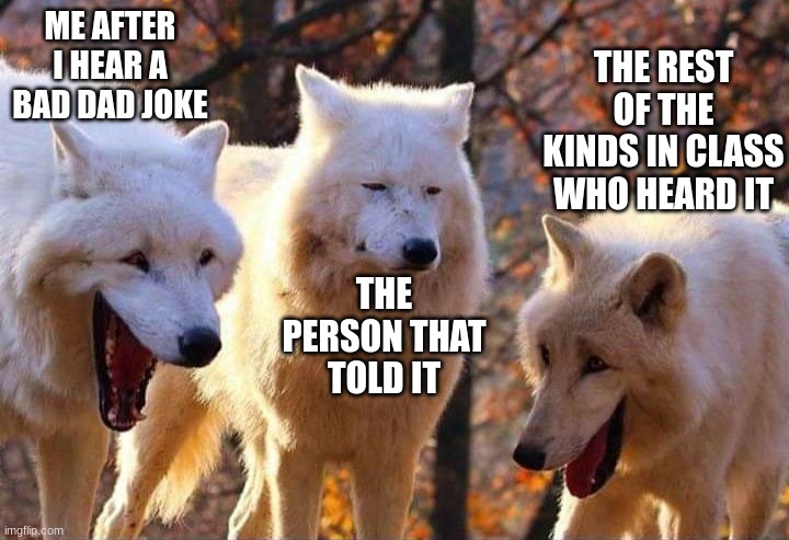 Laughing wolf | ME AFTER I HEAR A BAD DAD JOKE; THE REST OF THE KINDS IN CLASS WHO HEARD IT; THE PERSON THAT TOLD IT | image tagged in laughing wolf,dad joke dog,dad joke,friends,dying laughing | made w/ Imgflip meme maker