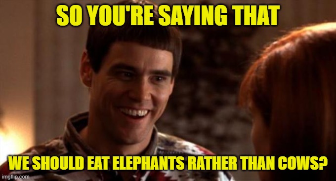 So you're saying there's a chance | SO YOU'RE SAYING THAT WE SHOULD EAT ELEPHANTS RATHER THAN COWS? | image tagged in so you're saying there's a chance | made w/ Imgflip meme maker