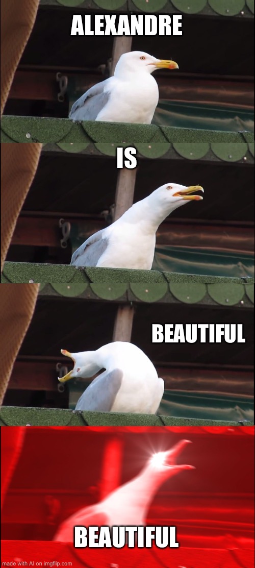 The AI has some preferences | ALEXANDRE; IS; BEAUTIFUL; BEAUTIFUL | image tagged in memes,inhaling seagull,ai meme | made w/ Imgflip meme maker