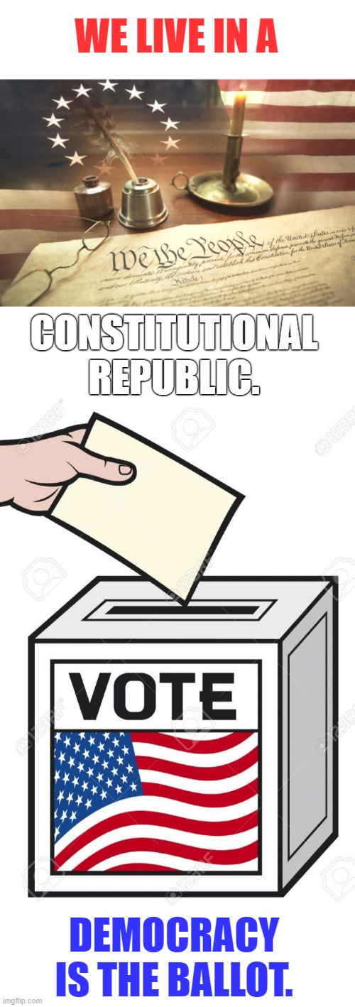 Remember | WE LIVE IN A; CONSTITUTIONAL REPUBLIC. DEMOCRACY IS THE BALLOT. | image tagged in memes,politics,live,constitution,republic,vote | made w/ Imgflip meme maker