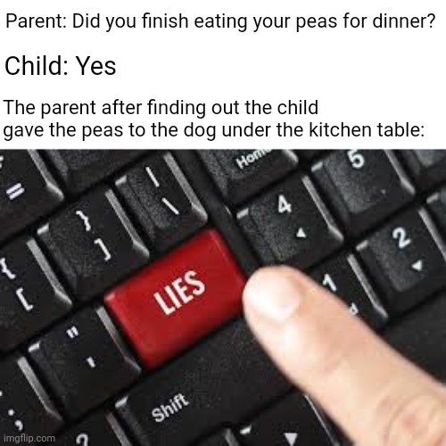 Peas | Parent: Did you finish eating your peas for dinner? Child: Yes; The parent after finding out the child gave the peas to the dog under the kitchen table: | image tagged in lies,blank white template,funny,memes,liar,peas | made w/ Imgflip meme maker