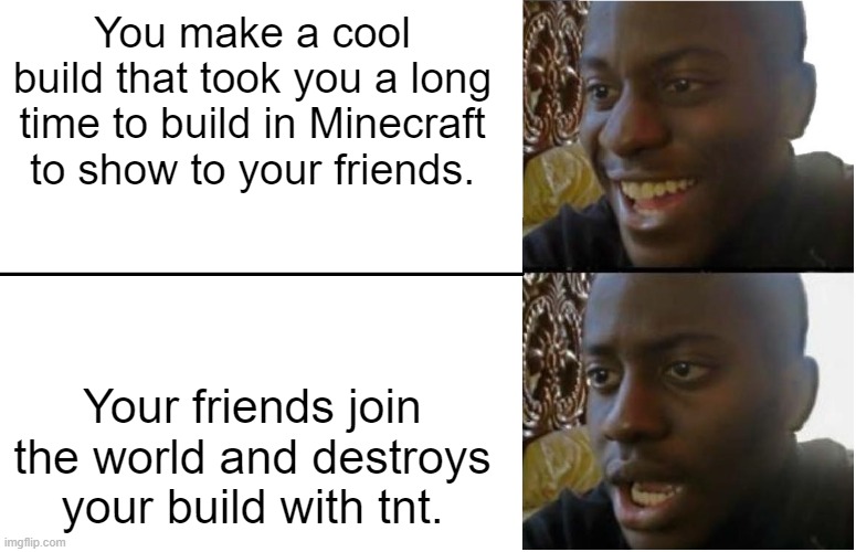 Disappointed Black Guy | You make a cool build that took you a long time to build in Minecraft to show to your friends. Your friends join the world and destroys your build with tnt. | image tagged in disappointed black guy | made w/ Imgflip meme maker